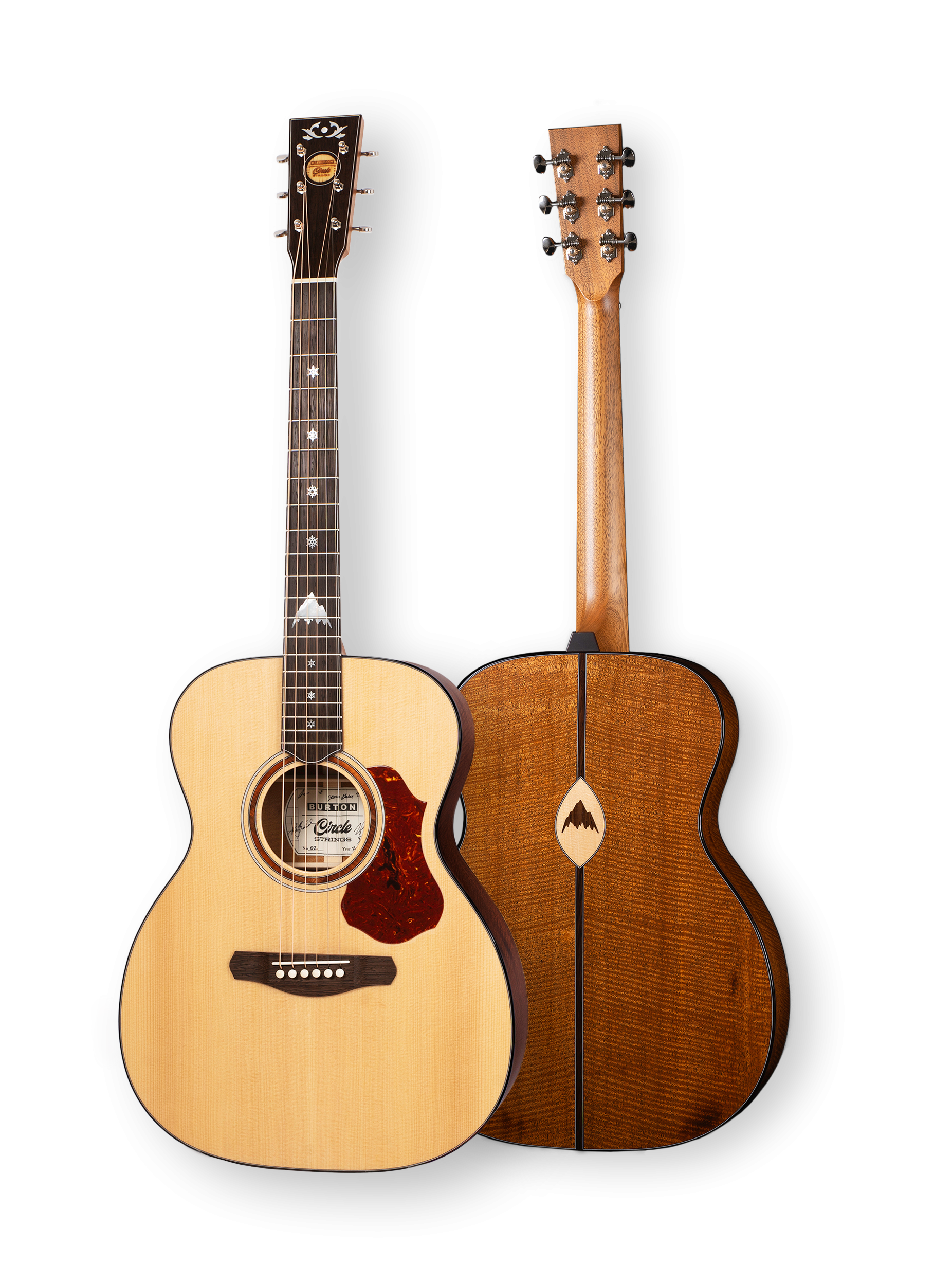 Back and front of acoustic guitar of burton and circle set