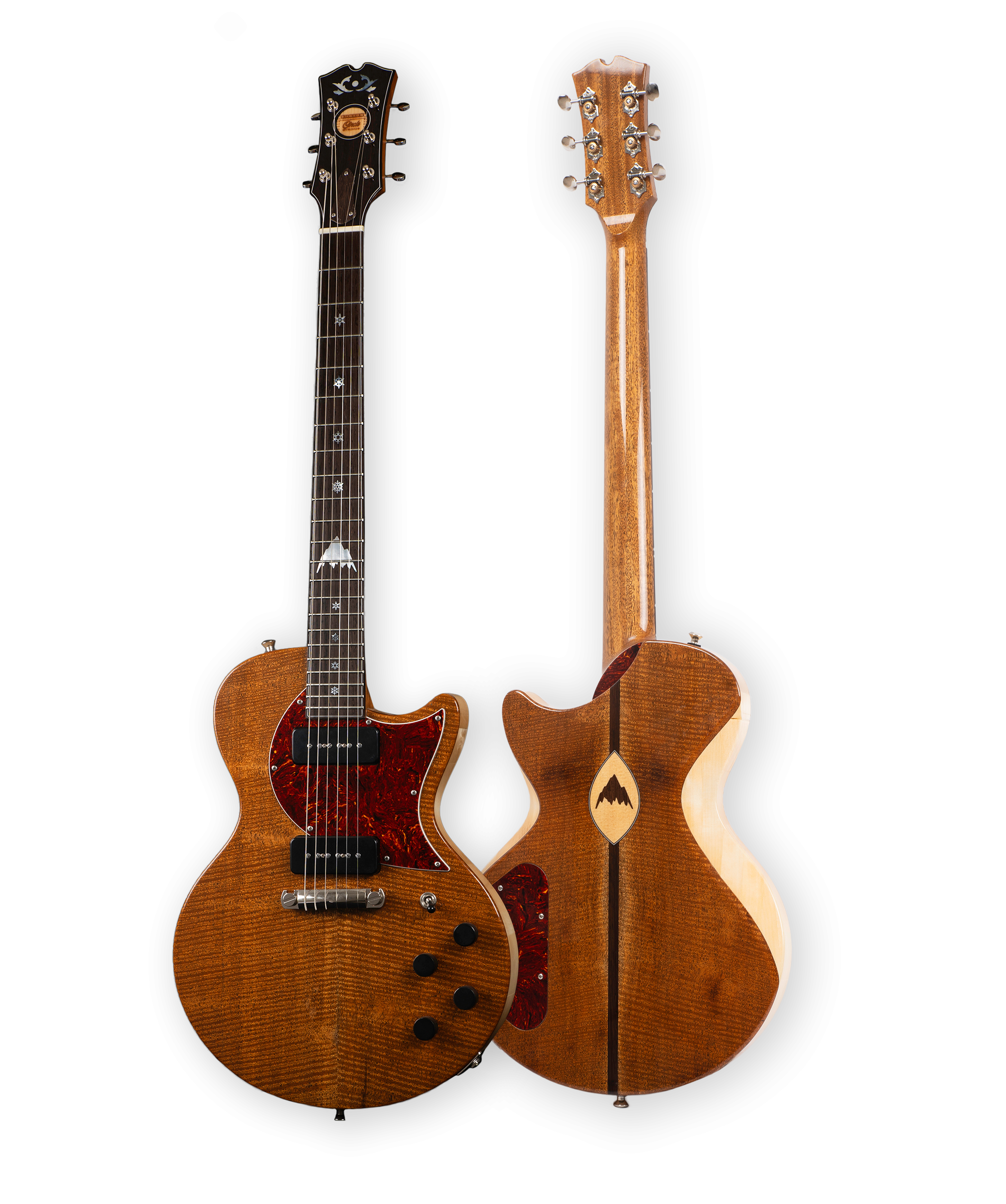 Back and front of electric guitar of burton and circle set