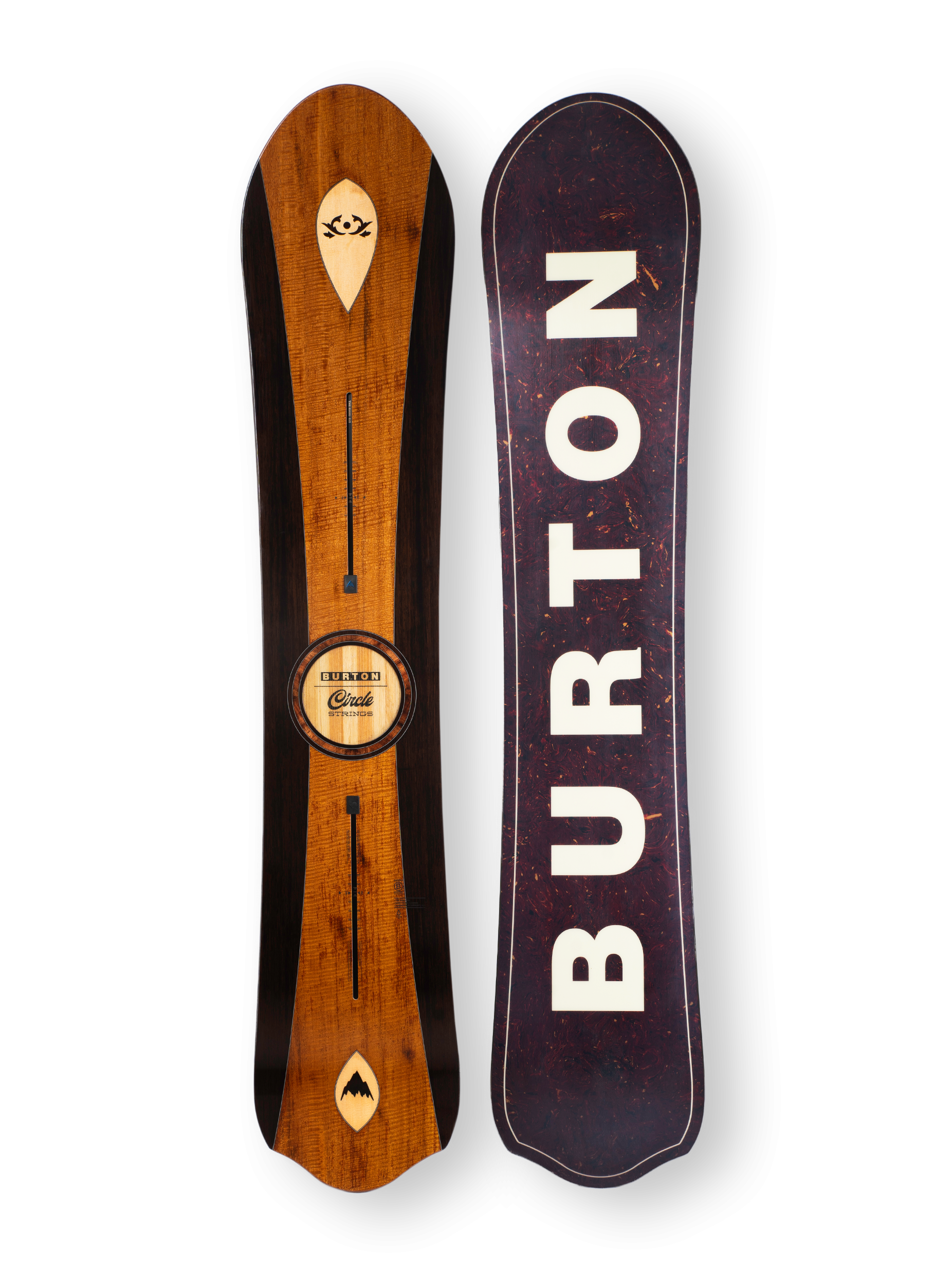 Back and front of snowboard, burton and circle set